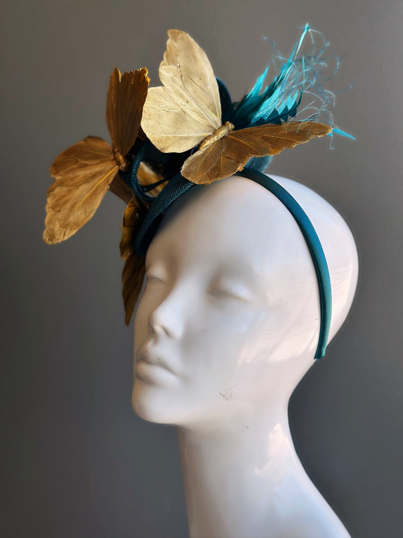 Teal Gold Butterfly Fascinator Tea Party Hat image 4