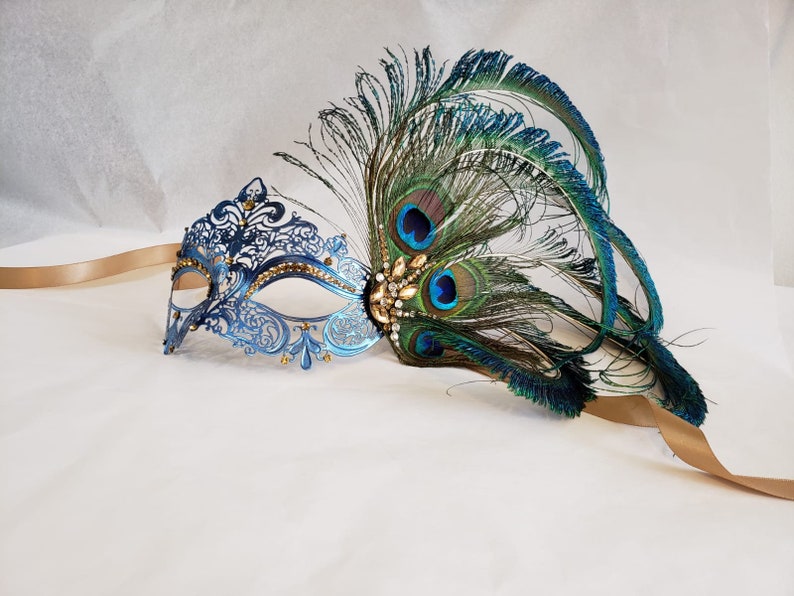 HigginsCreek Masquerade Mask Women, Luxury Peacock Feather Mask, Mardi Gras Mask, Venetian Masquerade Mask Gold Navy theme image 3