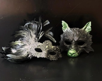 Black Silver & Green Couple Masquerade Mask Set Wolf Mask and Feather Lace