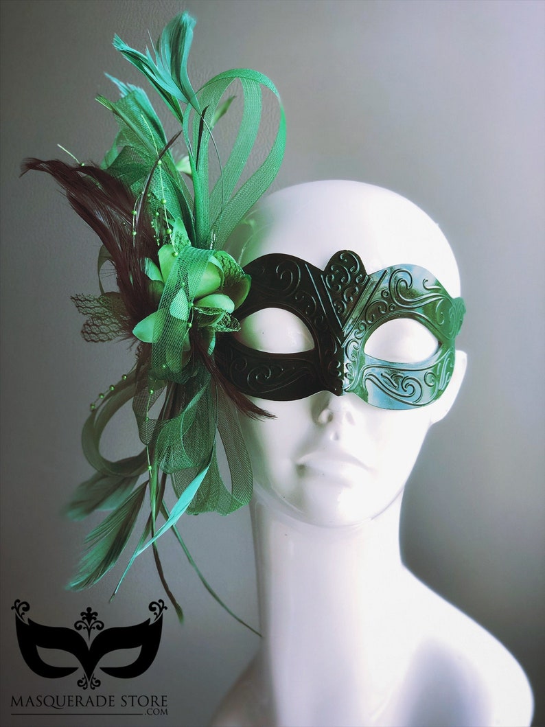 Emerald Green Masquerade Mask Women Feather Mask Elegant Party Etsy