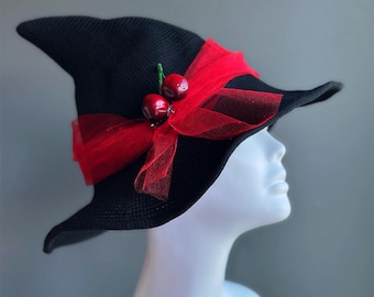 Black Red Retro Witch Hat, Wool blend Witch Hat, Cosplay Black witch hat with red bow and cherries,  1950s retro fashion and vintage glam
