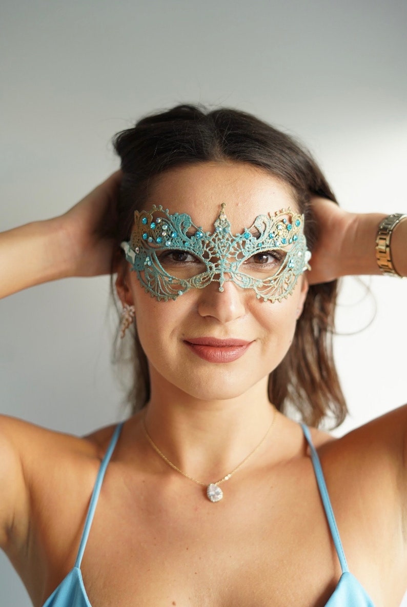Turquoise Blue Gold Masquerade Mask Women Lace Mask Blue Prom Party ...