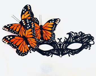 Women masquerade mask, Orange monarch butterflies on a black lace mask women lace mask