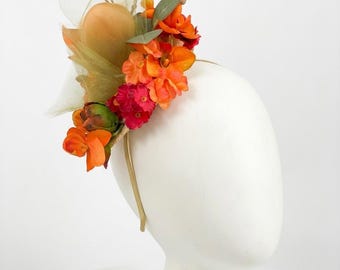 Peach and Red Floral Fascinator Hat with Magnolia for Derby and Wedding