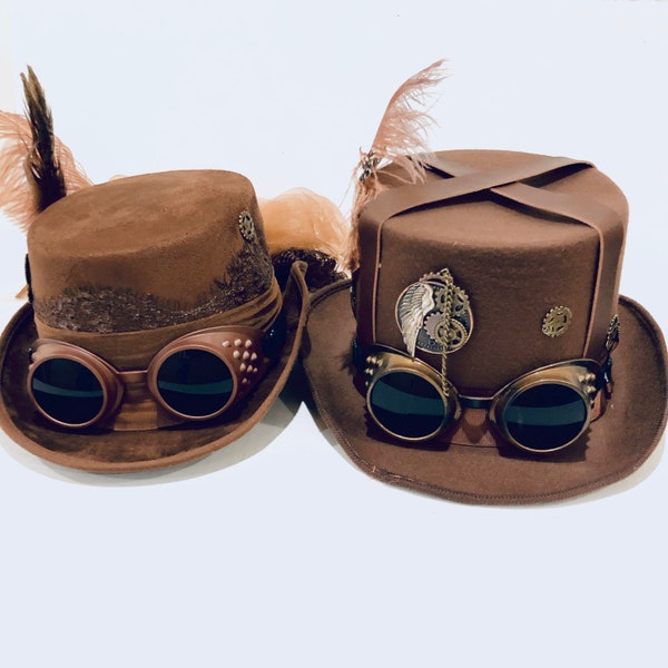 Brown Couples Steampunk Riding Hats Steampunk Accessories, Steampunk Hat With Goggles, Steampunk Hats and Headgear