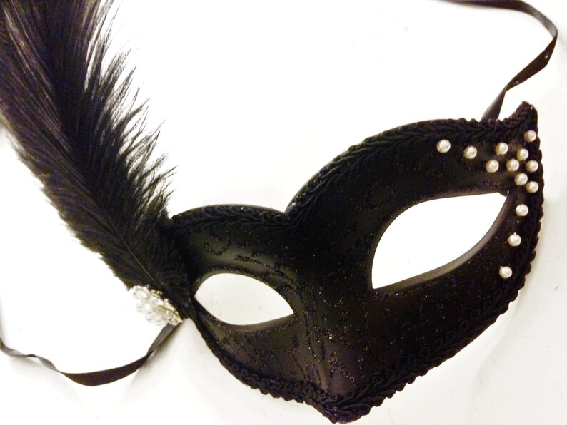 Black Womens Masquerade Mask Black Accent Pearls and Feather Etsy
