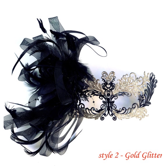 Venetian Glitter Half Moon Party Mask with Peacock Feather - Black