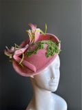 Pink Velvet Fascinator - Beaded Green Lace Party Hat
