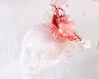Peach Pink Fascinator Pink Tea Party Fascinator Hat, Elegant luxurious Headpiece,  derby fascinators, Feather Headpiece