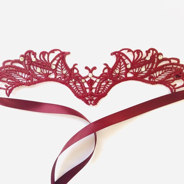 Burgundy red lace mask, Masquerade Masks for women glass wearers, mask for eye Glasses, maroon red women Mask Eye Glass masquerade Masks