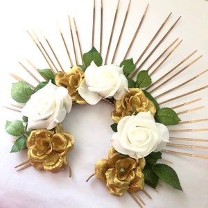 Halo crown inspired by beyonce Flower halo headdress sunburst with roses white gold head crowns image 4