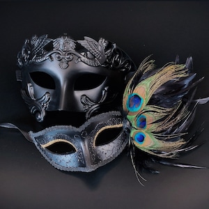 male female Couples Black Roman Mask and Women gold Accent peacock Masquerade Ball Prom Mask