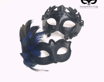 Black BLUE Masquerade Couples Masks Set, Elegant Womens Mask, Gladiator Mens Mask, Masquerade Party, Feather Masquerade Mask