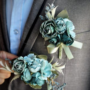 Blaugrün Rose Corsage Und Boutonniere Set Blaue Corsage für Abschlussball Heimkehr Rose Boutonniere Grüne Corsage Grüne Boutonniere
