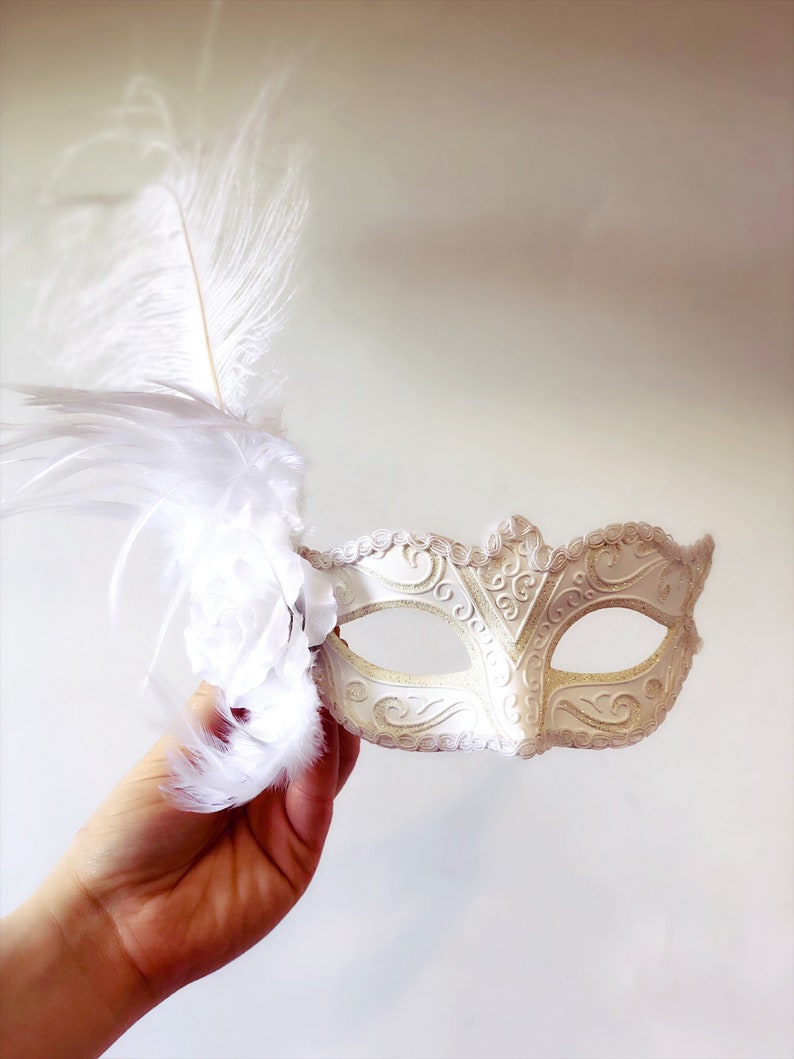 Diner en Blanc masquerade Mask, All White feather Masquerade Mask, white feather mask, women's white venetian masks by HigginsCreek image 3