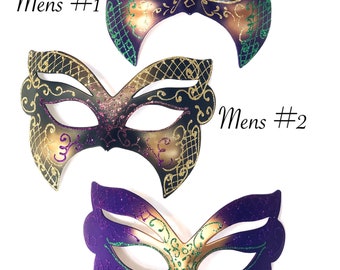 Men Mardi Gras masks with glitter shimmer purple gold green