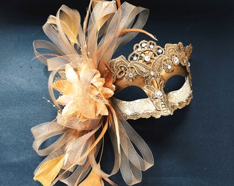 Feather masquerade mask Royal Blue women feather mask brocade lace peacock feather Mardi Gras party mask