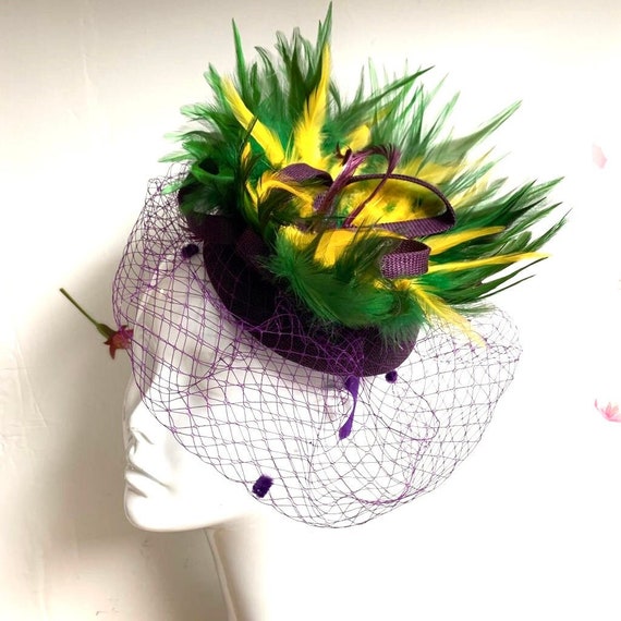 Mardi Gras Fascinator Feather Fishnet Veil Purple Green Gold  display picture 1