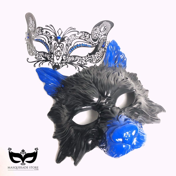 Blue Black Fox And Wolf Masquerade Mask Couples Set, His And Hers, Fox Mask, Wolf Mask, Animal Mask, Costume Party, Masquerade Party