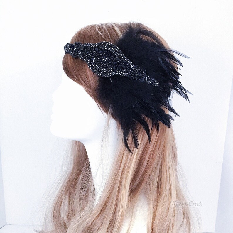 Black Flapper Girl Headpiece Roaring 20's Headpiece Black Headband With Feathers With Elegant Events Masquerade Black Tie Events image 2