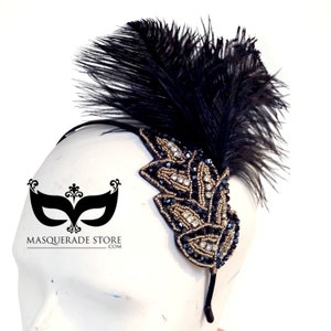 Beaded Flapper Headband Feathers, Great Gatsby, Roaring 20s Costume Hairpiece, Jewel Headpiece, Flapper Headpiece, Gold Beaded headpiece