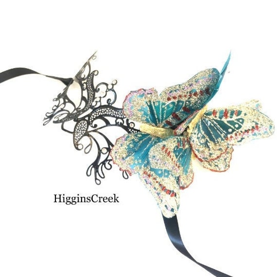 Whimsical Butterfly Mask, masquerade mask metal filigree Butterflies Teal butterfly venetian mask, Green black theme by HigginsCreek