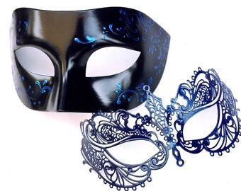 Masquerade Mask New Dream Angel Mask Navy Blue Couples Set His & Hers Mask Bestselling Men's Half Mask Lady's Filigree Laser Cut Mask Navy