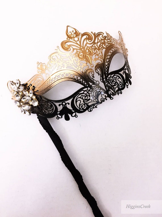 Handheld Stick Mask Women Luxury Black Metal Venetian Masquerade Mask 