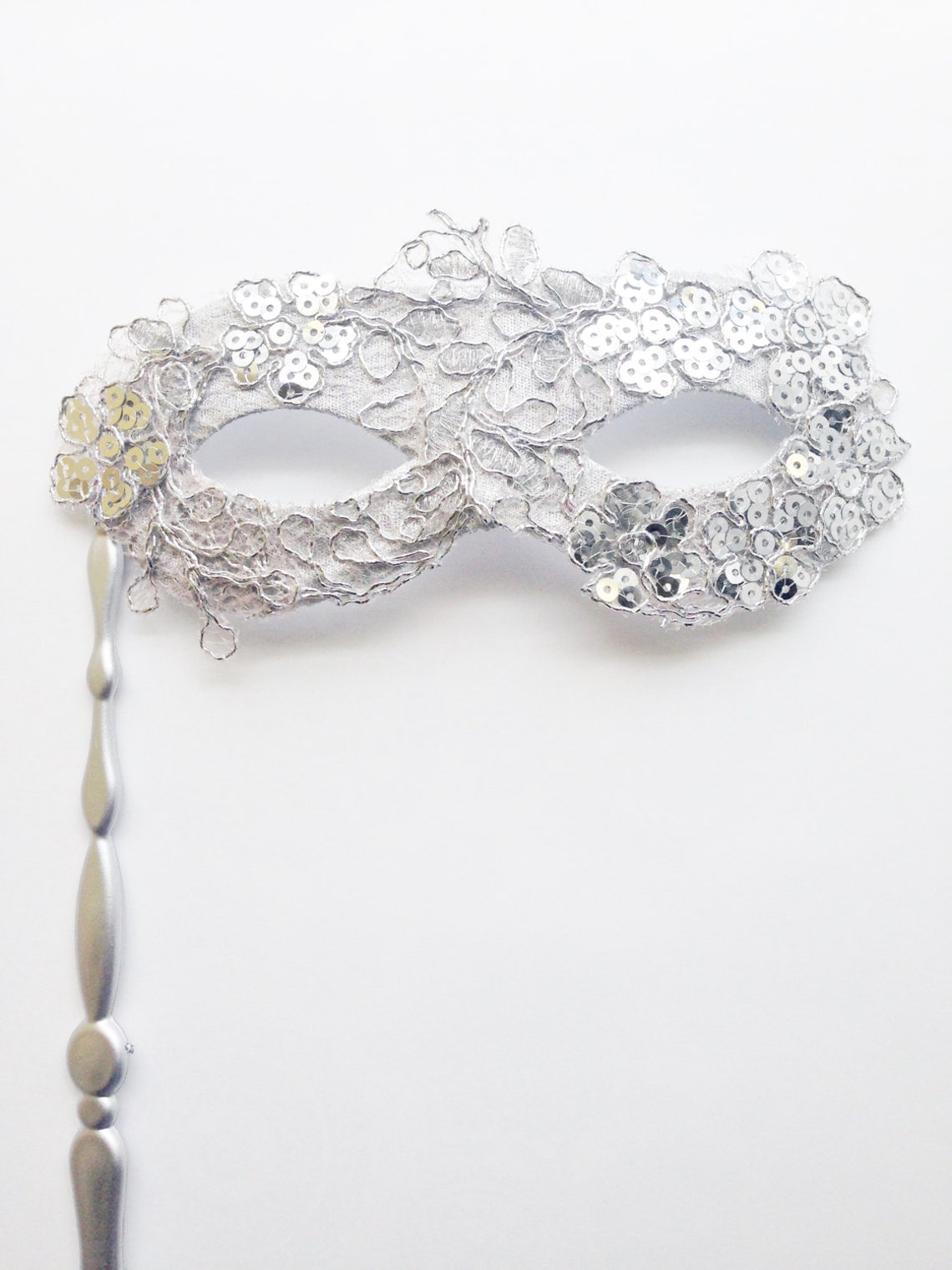 Silver Masquerade Mask on Stick Womens Hand Held Mask Etsy