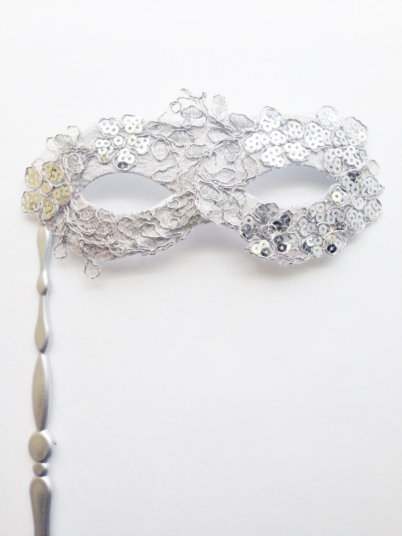 Silver Masquerade Mask on Stick Womens Hand Held Mask Etsy