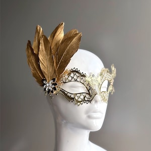 Gold Metal Masquerade Mask - Rhinestones - Feathers - Adult