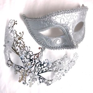 Silver Couples Masquerade Mask, Silver Masquerade Mask, Masquerade Mask set, Party masks, Prom Masks, Couple's Venetian masks