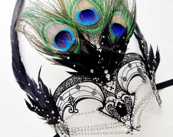 Goddess Masquerade Mask with Chains, Venetian Metal Mask with Crystals, with FEATHERS
