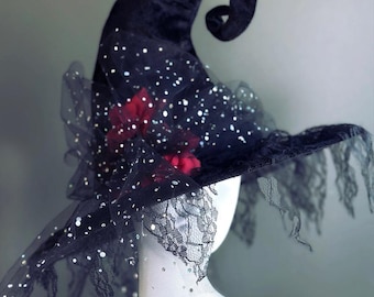 Black Velvet Witch Hat with Tulle, Roses, Netting and Gothic Halloween Accents