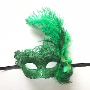 Green Feathered Masquerade Masks, Masquerade Ball Mask, Green Mask With Lace And Green Feathers