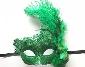 Masques de mascarade à plumes vertes, masque de bal masqué, masque vert avec dentelle et plumes vertes