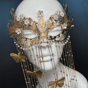 Gold Masquerade Mask With Floral Detail and Butterfly Chain Fringe - Etsy