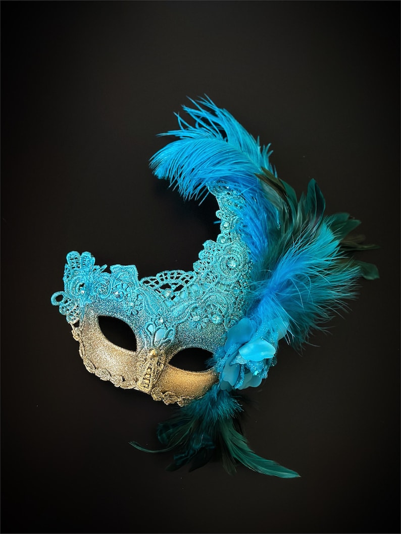 Turquoise Feather Masquerade Mask Carnival Mask Masquerade Ball Gold ...