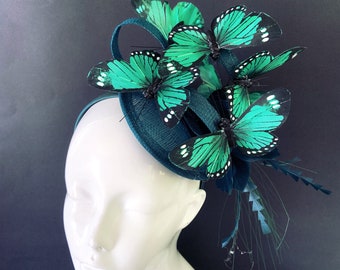 EMERALD GREEN Fascinator Hat with Butterflies, Derby mini Hat butterfly headpiece, Emerald Green Tea party Hat, butterfly headpiece