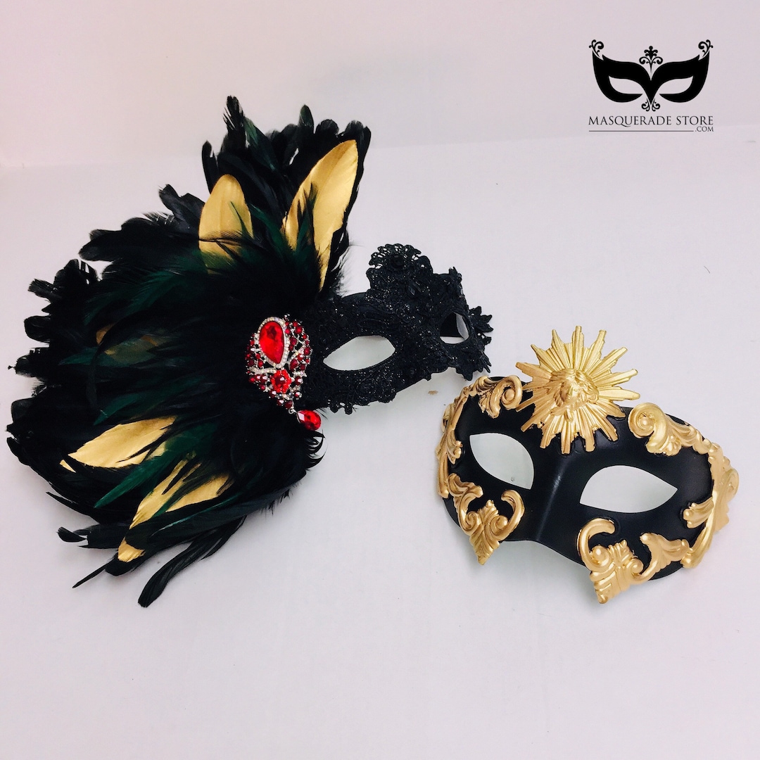 Black Gold Masquerade Mask Couples Pair, Feather Womens Masquerade Mask