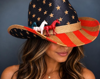Stars and Stripes Cowboy Hat - USA Flag 4th of July Party Hats with Horses