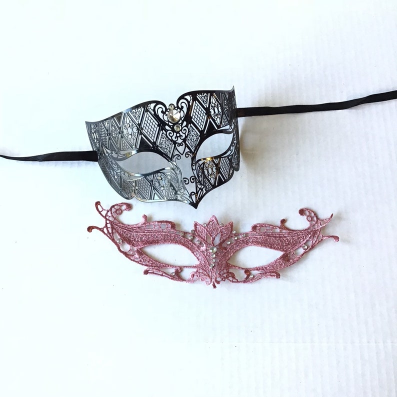 Womens rose pink mask mens mask couples mask set mens black metal phantom mask couples mask pair his and hers masks for couples