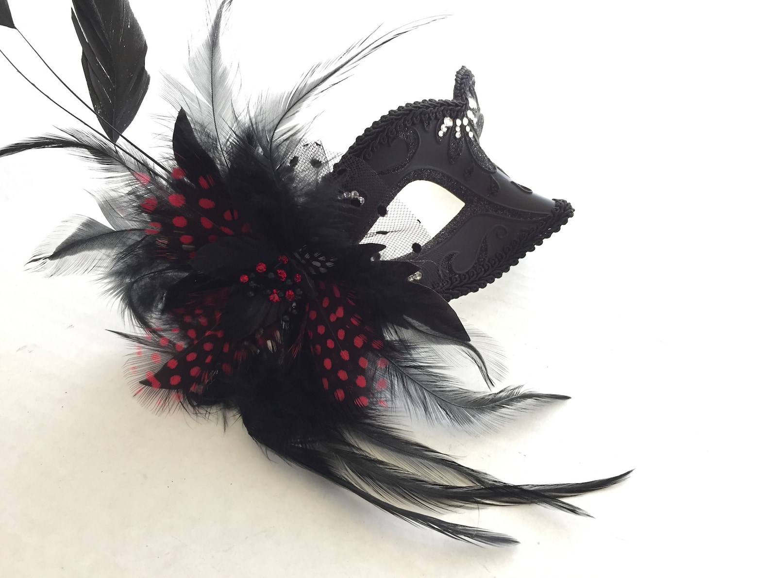 Red Polka Dot Feather Masquerade Mask, Venetian Feather Masks, Red Prom ...