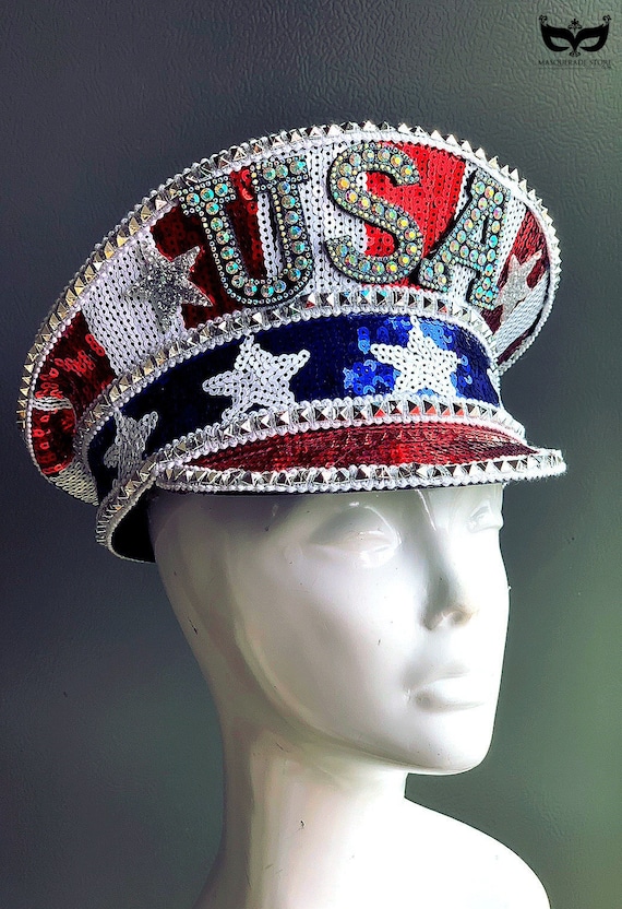 USA 4th of July Patriotic Sequin Captain Hat Red White Blue 