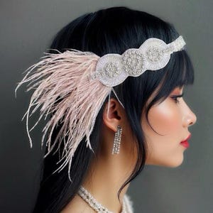 Blush Pink Flapper Heandand Blush Feather Beaded Headband Roaring twenties Theme Flapper Girl