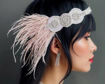 Blush Pink Flapper Heandand Blush Feather Beaded Headband Roaring twenties Theme Flapper Girl