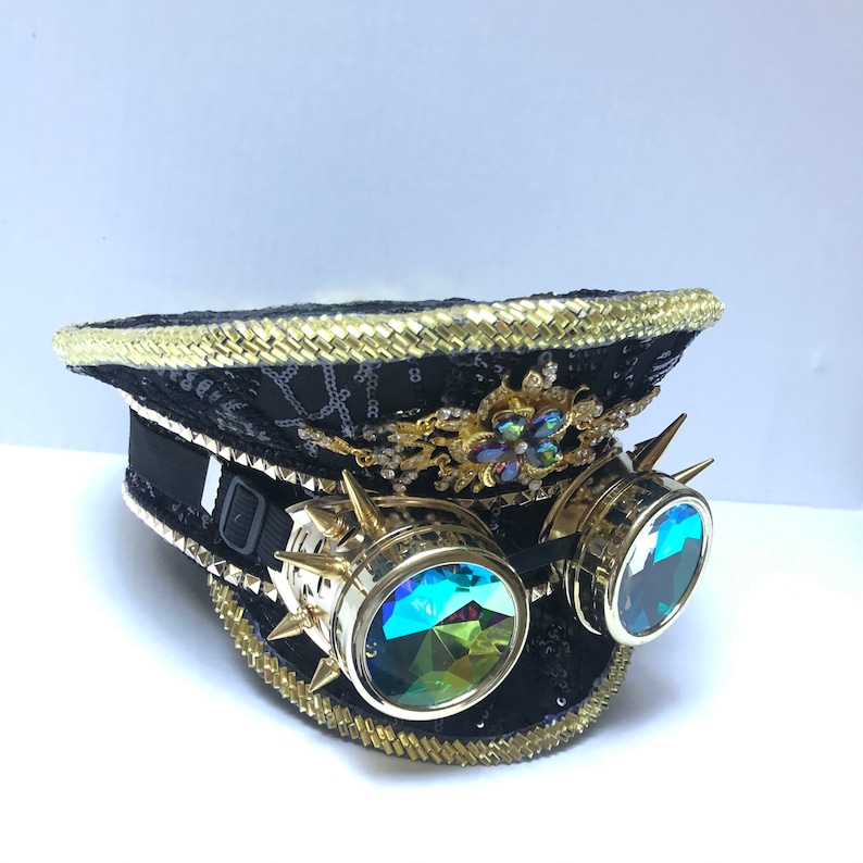 Black Gold Sequin captain hat gift idea holographic Captains Hat With Goggles popular sequin Hat unisex Head Wear Concert Hats Dance Hat