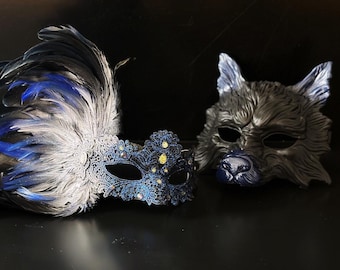 Silver & Blue Couple Masquerade Mask Set Wolf Mask and Feather Lace