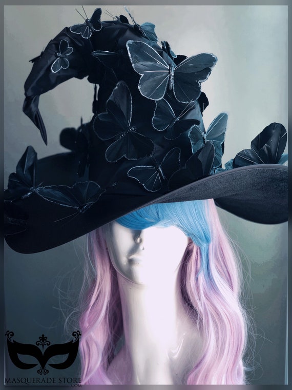 Black Witch Hat witch hat wizard hat pointy hat wide brim hat mage sorcerer warlock halloween Tall Hat Halloween Witchcraft