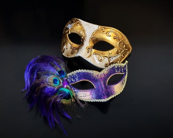 Masquerade Mask Set For Couples Venetian Feather - Purple Gold - Adults